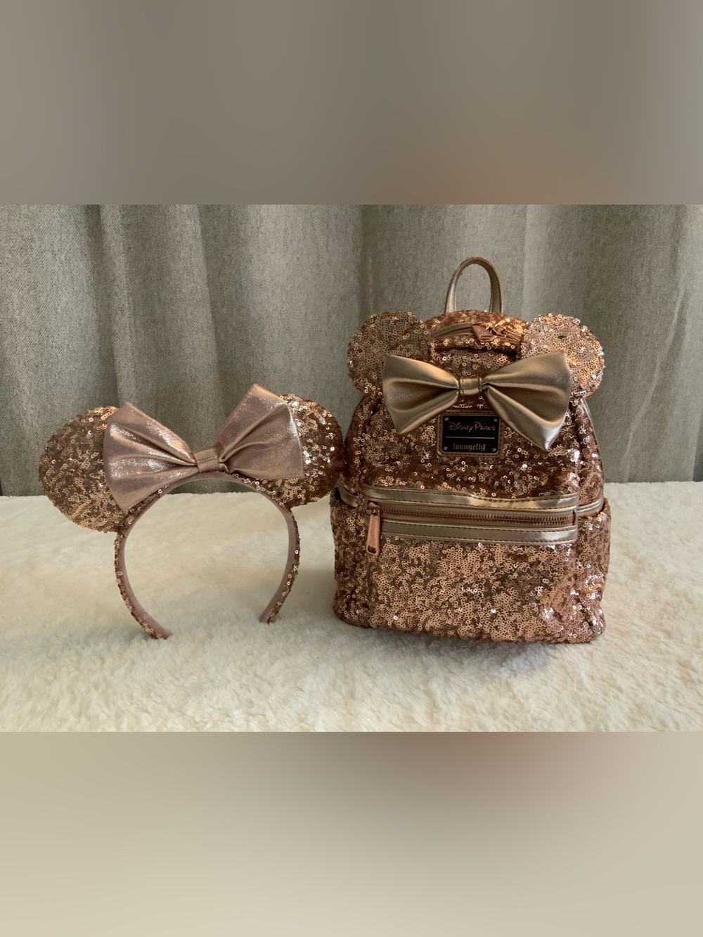 Loungefly Rose Gold Sequin Mini Backpack with Matching Ears